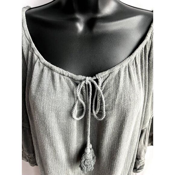 Paper Crane Flutter Sleeve Peasant Boho Blouse Gauzy Top Fringe Tassel Gray M - Picture 2 of 11